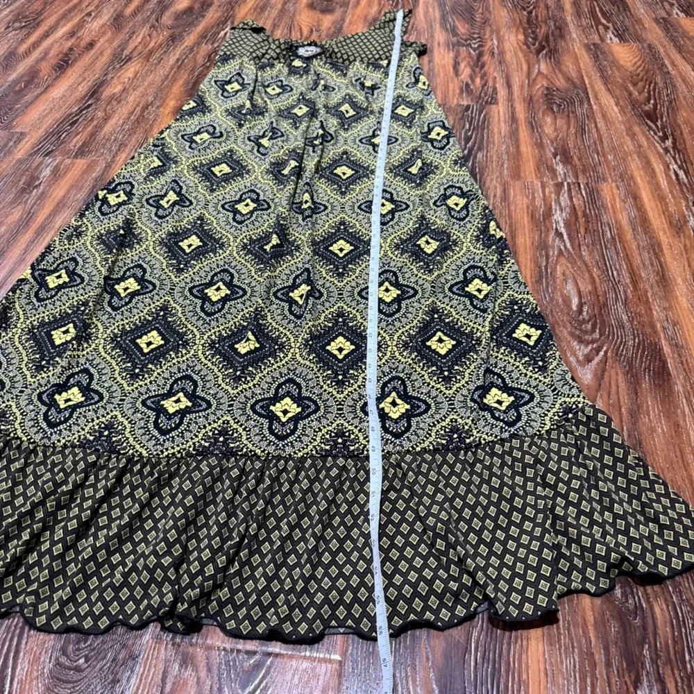 Y2K Cato L Maxi Dress Womens Yellow Black Geometric Medallion Boho Ruffle Hem